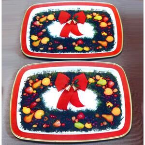 Enameled Tin Trays Set of Two Christmas Della Robbia Wreath 11 x 15 Inches